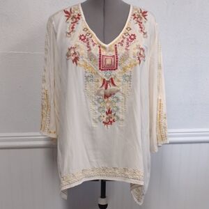 Solitaire Ivory Tunic with Colorful Embroidery, Oversized, Casual, Vacation